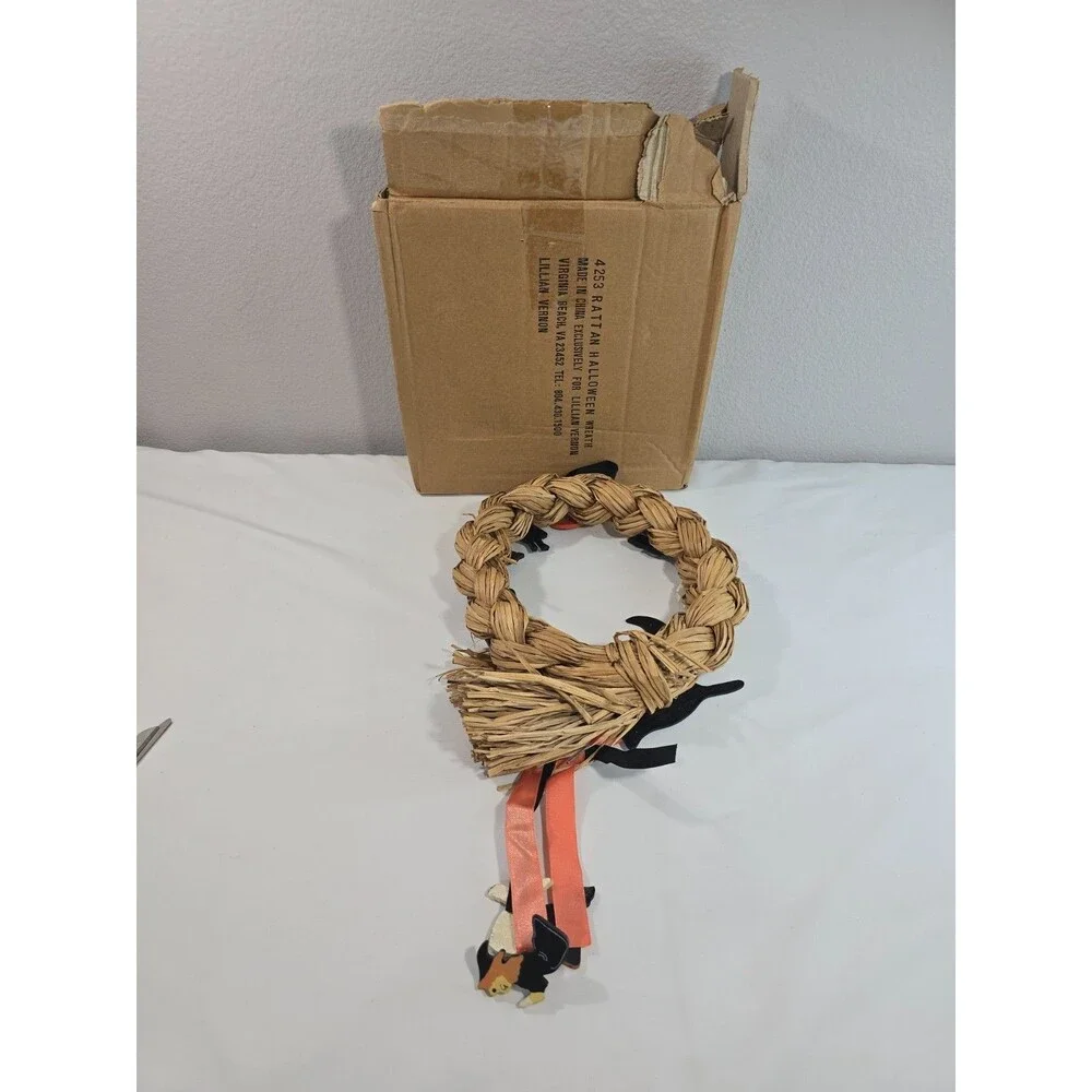 Vintage Rattan Halloween Wreath Witch By Lillian Vernon hand painted wooden